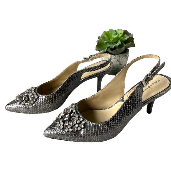 Adrienne Vittadini  Surya Slingback Shoes Sz 6M Snake Skin Crystals Pewter Glam - Picture 1 of 15